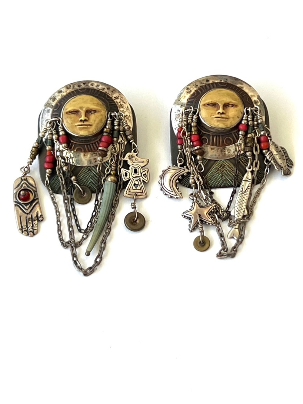 Vintage Signed Tabra 925 Moon Face Celestial Charm Earrings 3”